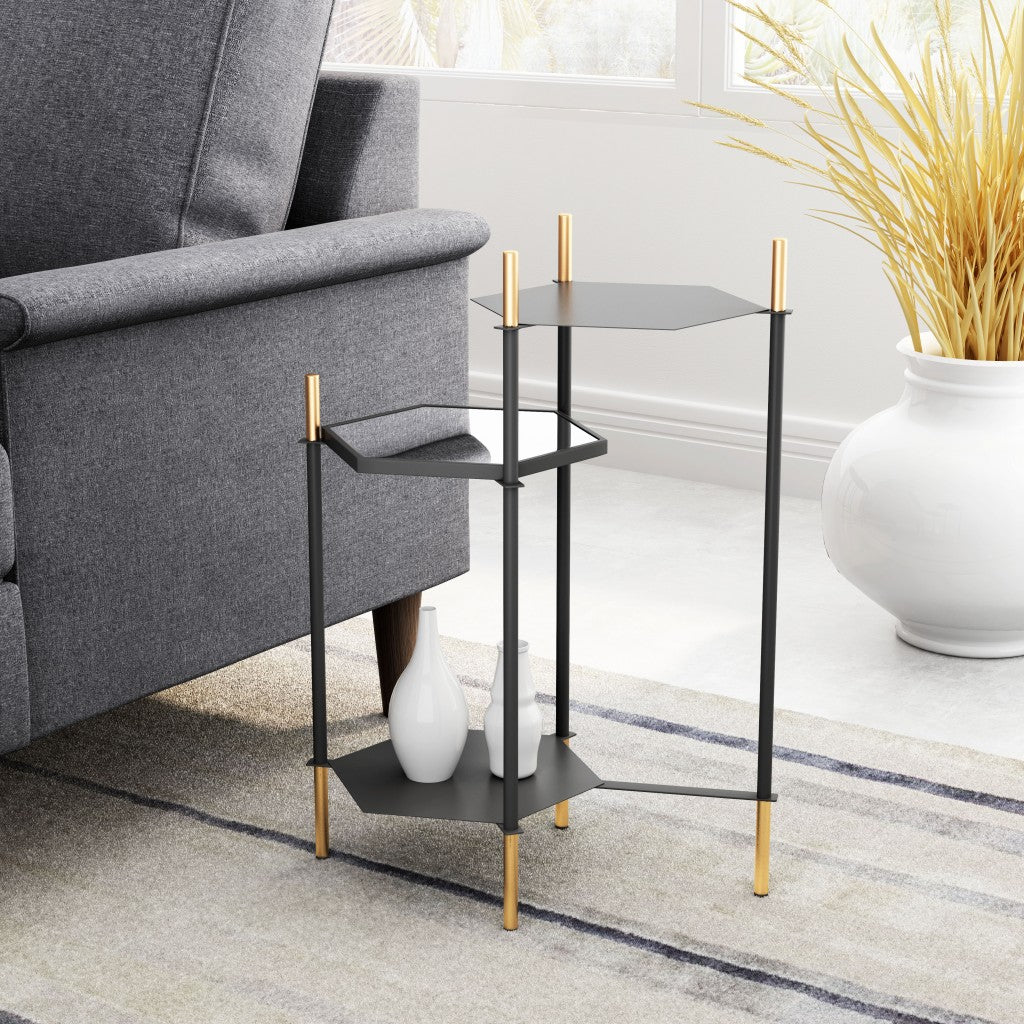27" Gold And Black Glass End Table With Two Shelves By Homeroots | End Tables | Modishstore