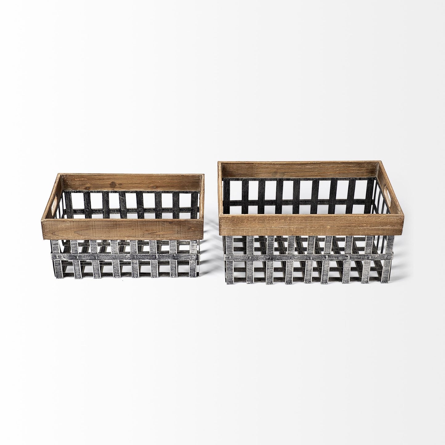 Set of Two Wood and Metal Crate Baskets By Homeroots | Bins, Baskets & Buckets | Modishstore - 2