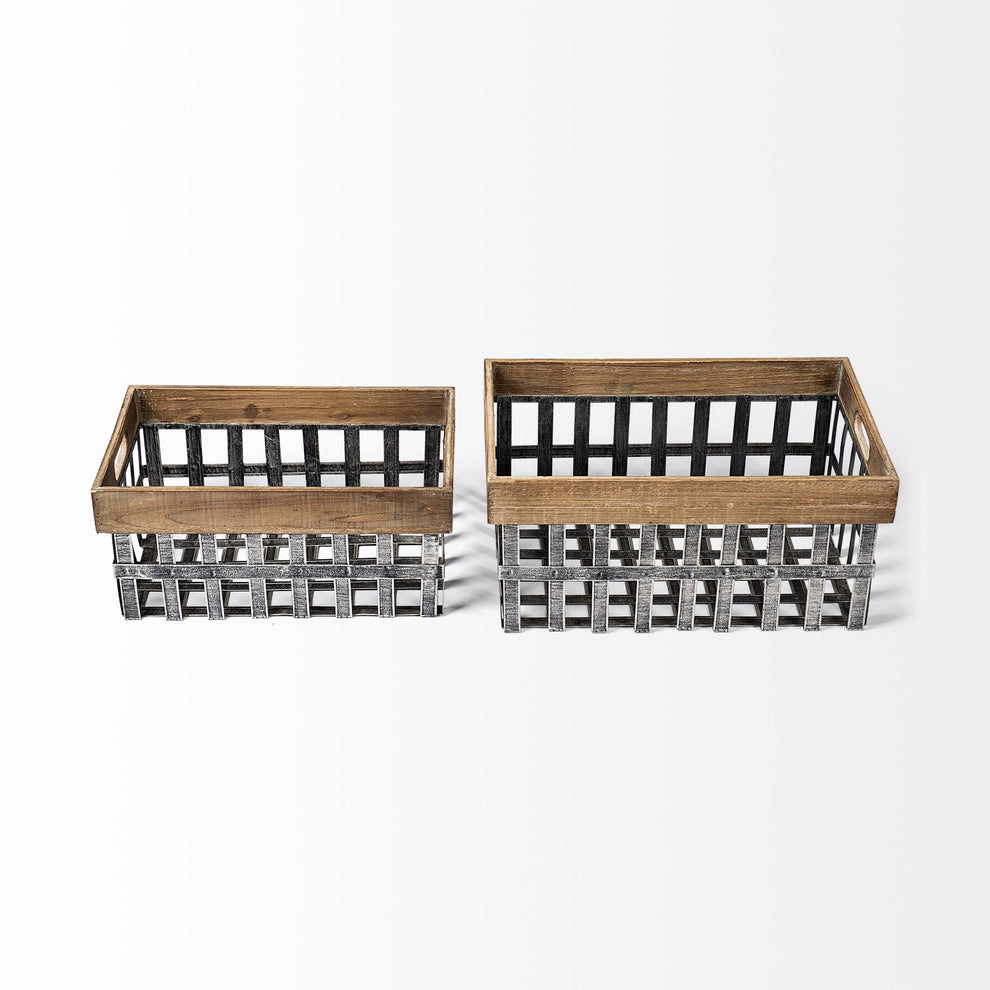 Set of Two Wood and Metal Crate Baskets By Homeroots | Bins, Baskets & Buckets | Modishstore - 3