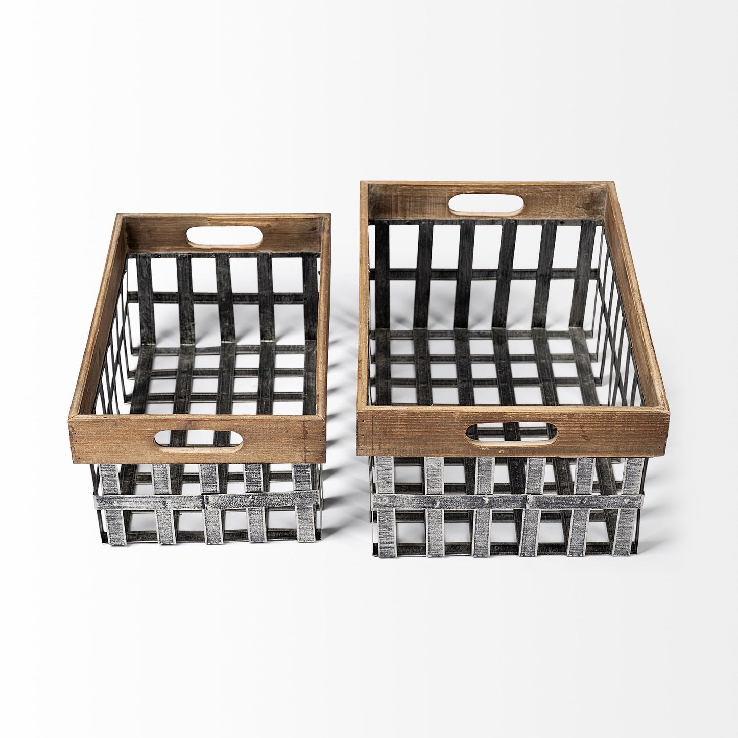 Set of Two Wood and Metal Crate Baskets By Homeroots | Bins, Baskets & Buckets | Modishstore - 4