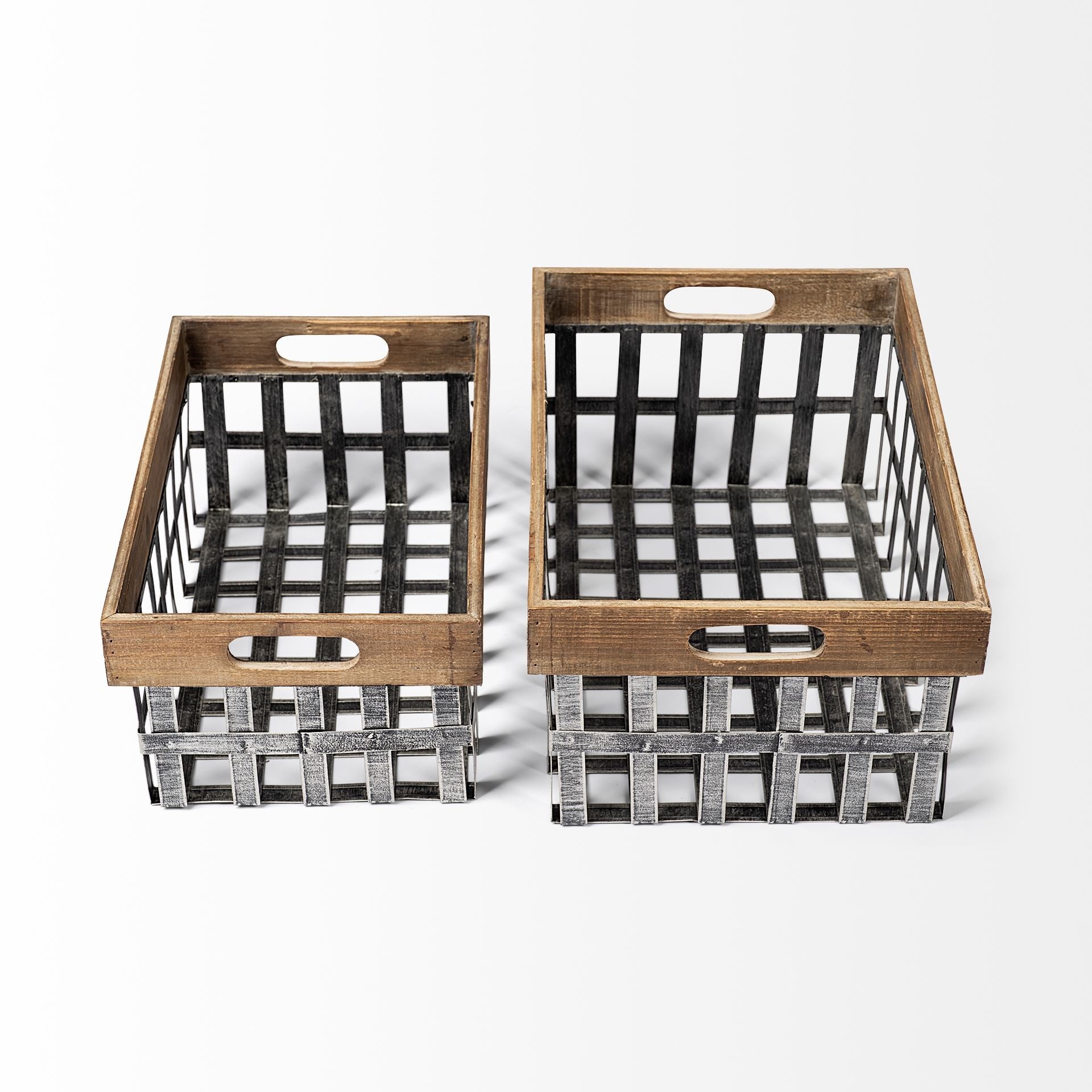 Set of Two Wood and Metal Crate Baskets By Homeroots | Bins, Baskets & Buckets | Modishstore - 4