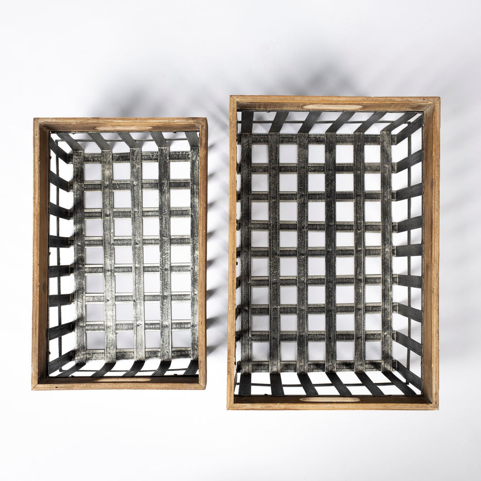 Set of Two Wood and Metal Crate Baskets By Homeroots | Bins, Baskets & Buckets | Modishstore - 5
