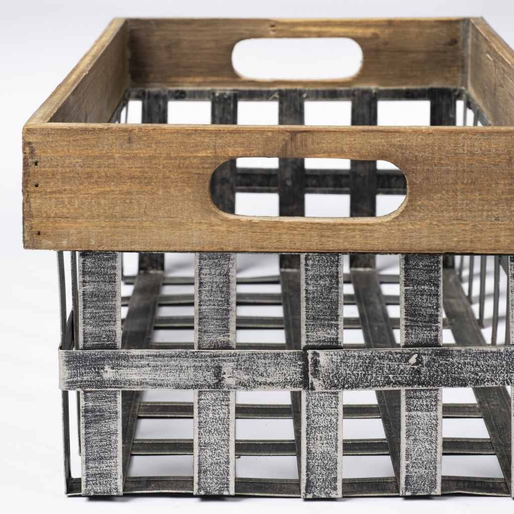 Set of Two Wood and Metal Crate Baskets By Homeroots | Bins, Baskets & Buckets | Modishstore - 5
