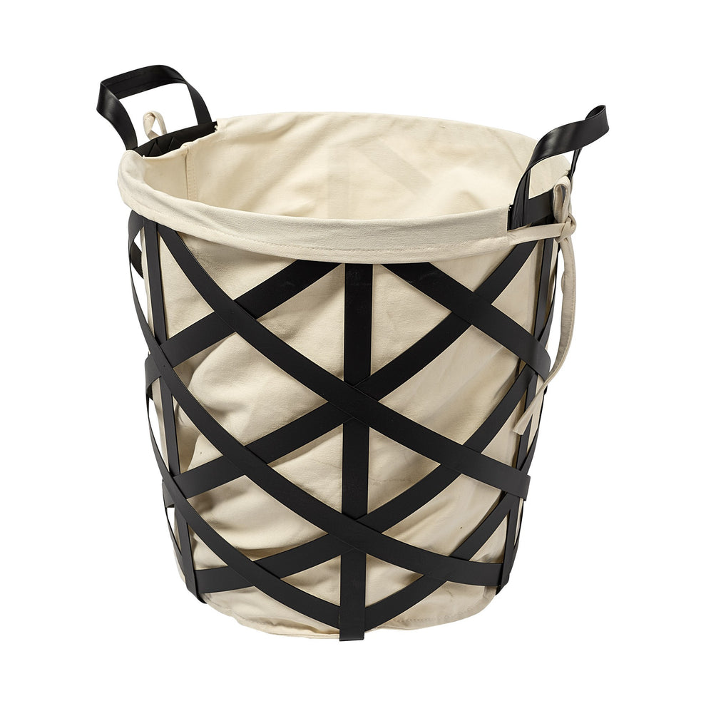Black Woven Metal Basket with Cream Fabric Liner By Homeroots | Bins, Baskets & Buckets | Modishstore - 2