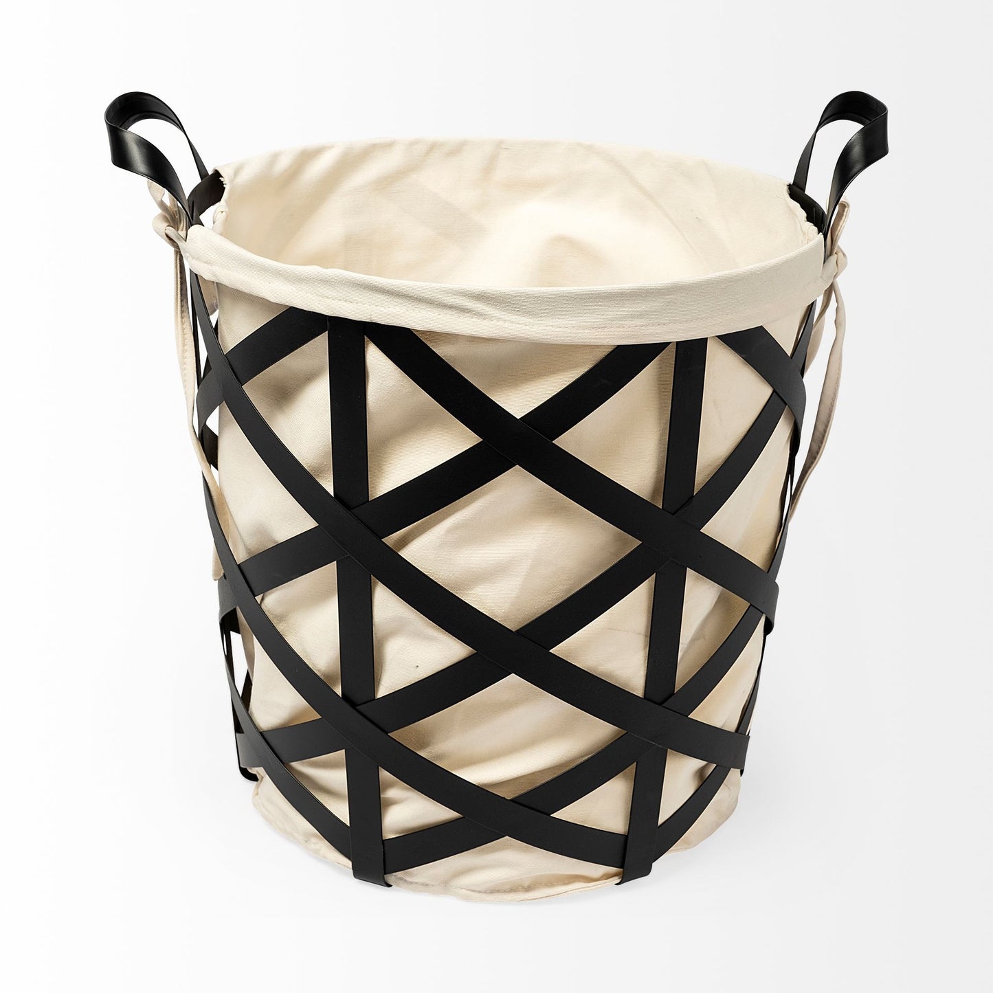 Black Woven Metal Basket with Cream Fabric Liner By Homeroots | Bins, Baskets & Buckets | Modishstore - 3
