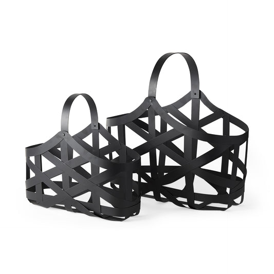 Set of Two Black Geometric Metal Baskets By Homeroots | Bins, Baskets & Buckets | Modishstore