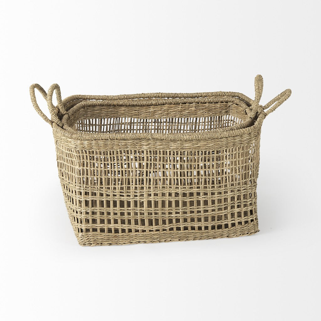 Set of Two Brown Wicker Storage Baskets By Homeroots | Bins, Baskets & Buckets | Modishstore - 4