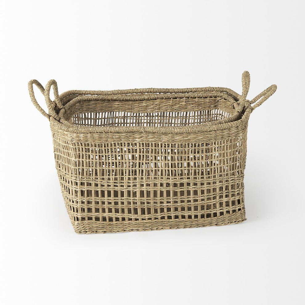 Set of Two Brown Wicker Storage Baskets By Homeroots | Bins, Baskets & Buckets | Modishstore - 5