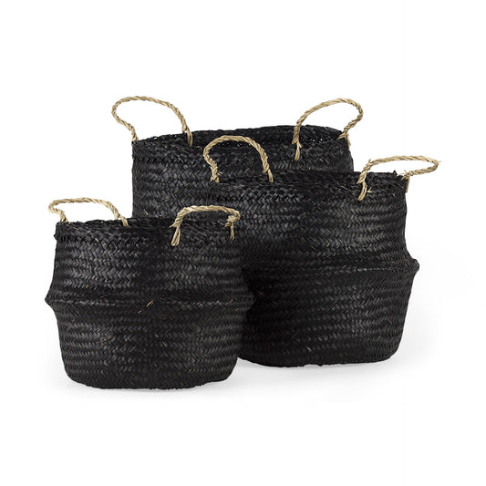 Set of Three Black Wicker Storage Baskets By Homeroots | Bins, Baskets & Buckets | Modishstore
