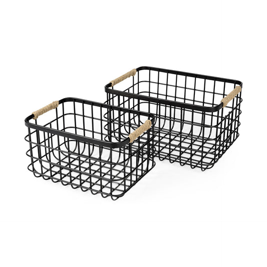 Set of Two Black Metal Baskets By Homeroots | Bins, Baskets & Buckets | Modishstore