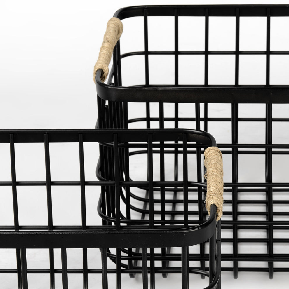 Set of Two Black Metal Baskets By Homeroots | Bins, Baskets & Buckets | Modishstore - 6