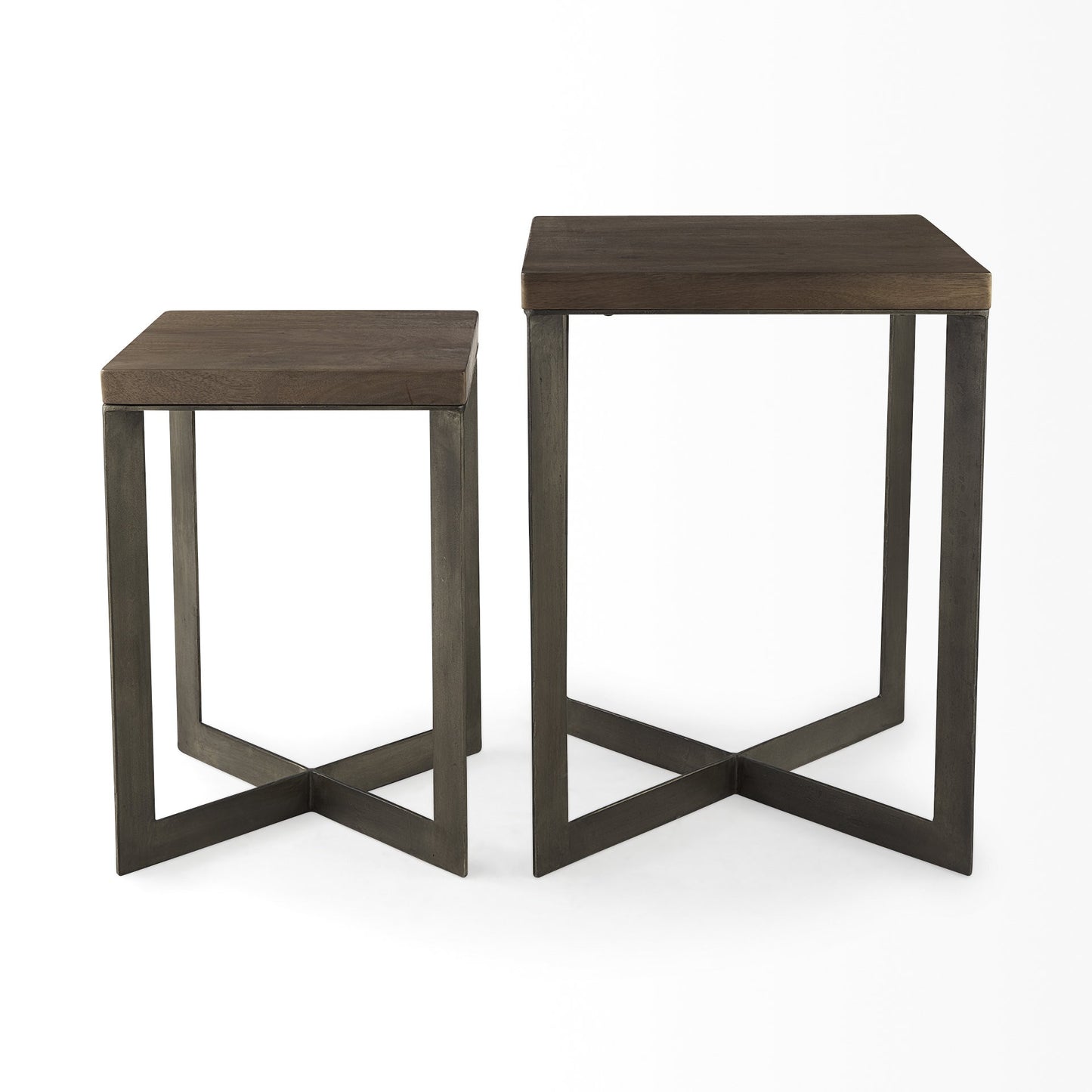 Set of Two Geo Dark Brown Metallic and Wood Tables By Homeroots