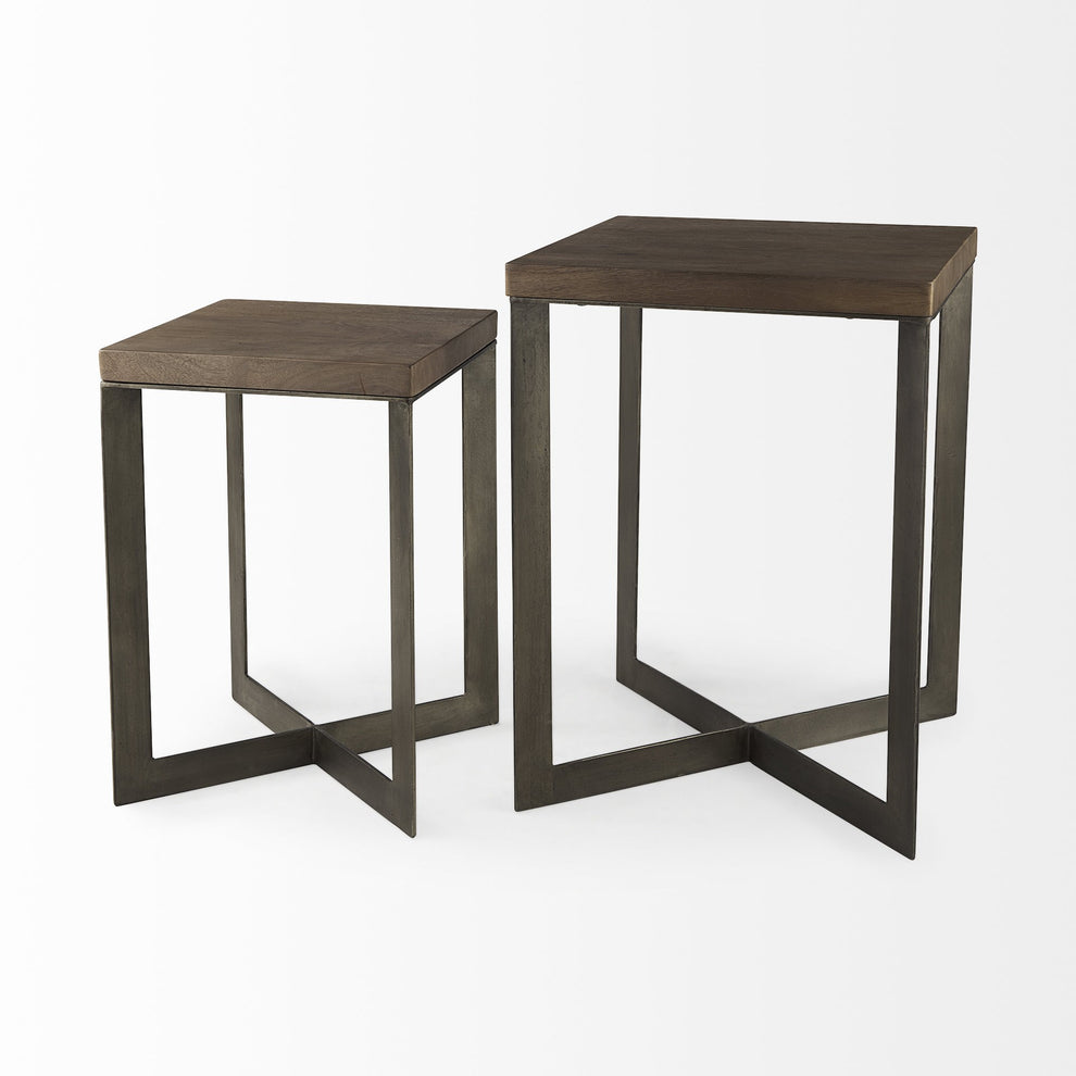 Set of Two Geo Dark Brown Metallic and Wood Tables By Homeroots | Side Tables | Modishstore - 6