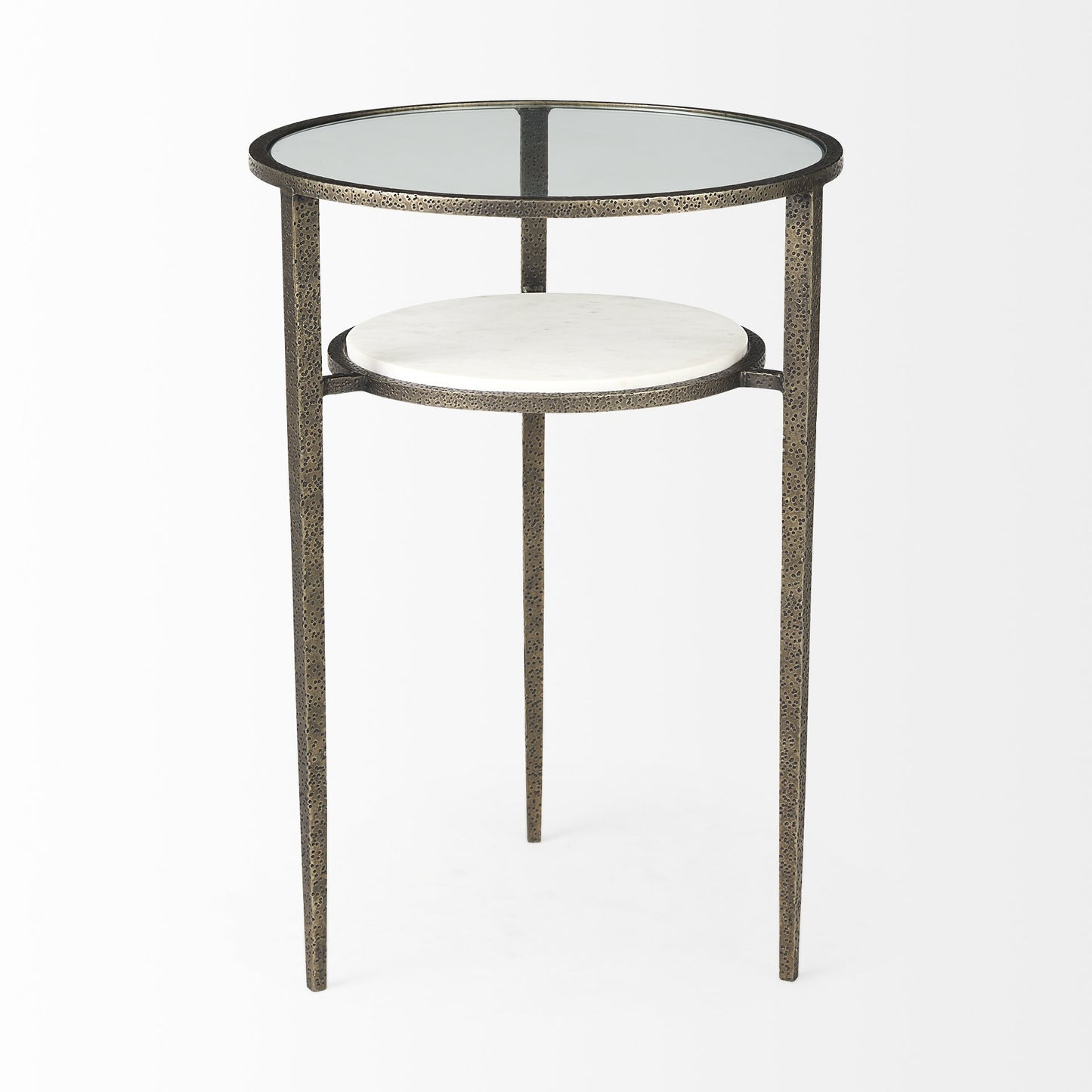 Updated Rustic Glass and Marble Antiqued Gold End Table By Homeroots