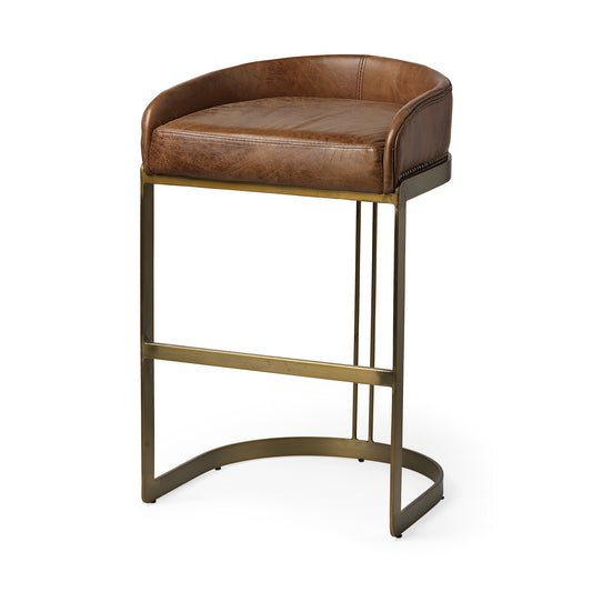 33' Brown Leather Antiqued Gold Low Back Bar Stool By Homeroots | Bar Stools | Modishstore