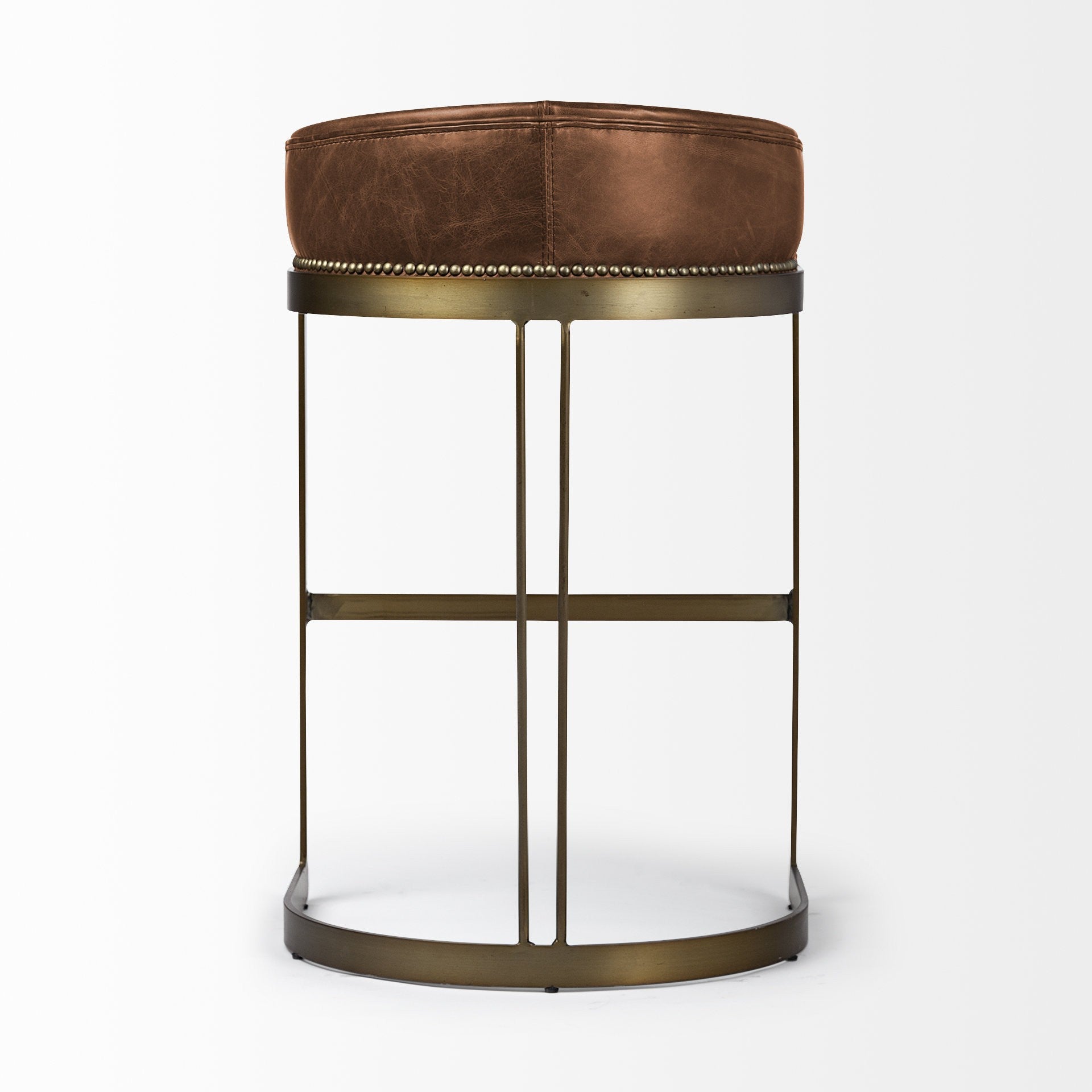 33' Brown Leather Antiqued Gold Low Back Bar Stool By Homeroots | Bar Stools | Modishstore - 4