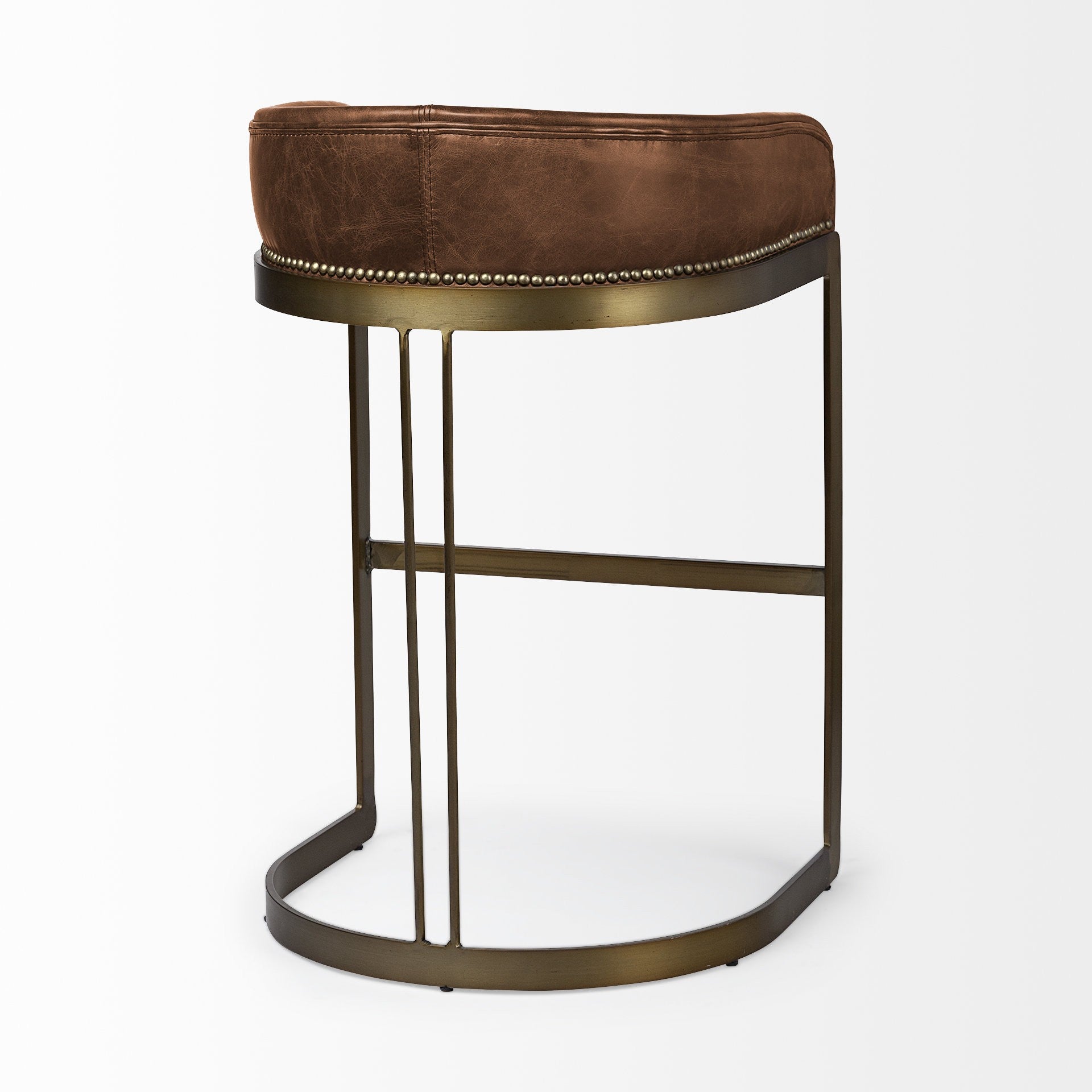 33' Brown Leather Antiqued Gold Low Back Bar Stool By Homeroots | Bar Stools | Modishstore - 5