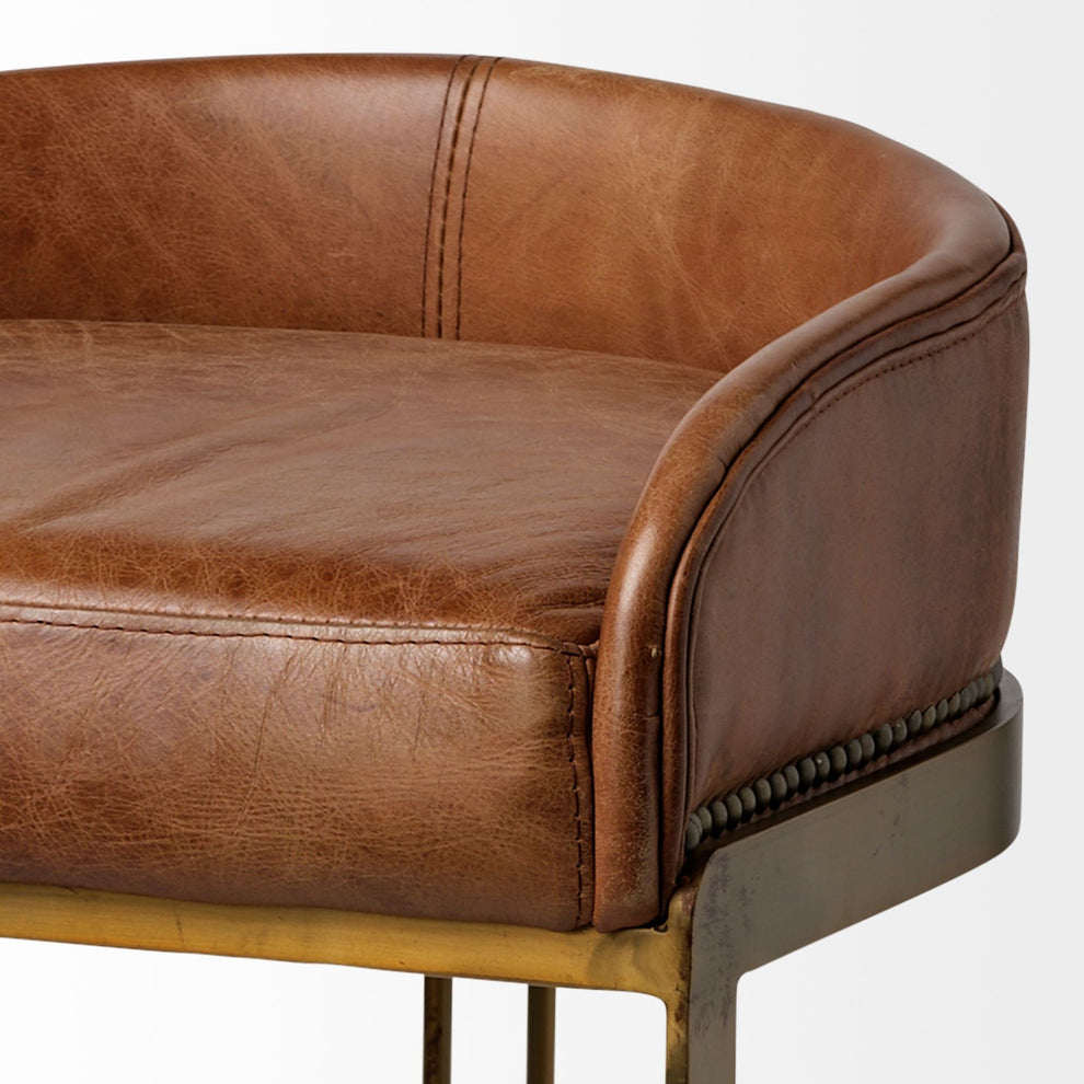 33' Brown Leather Antiqued Gold Low Back Bar Stool By Homeroots | Bar Stools | Modishstore - 6
