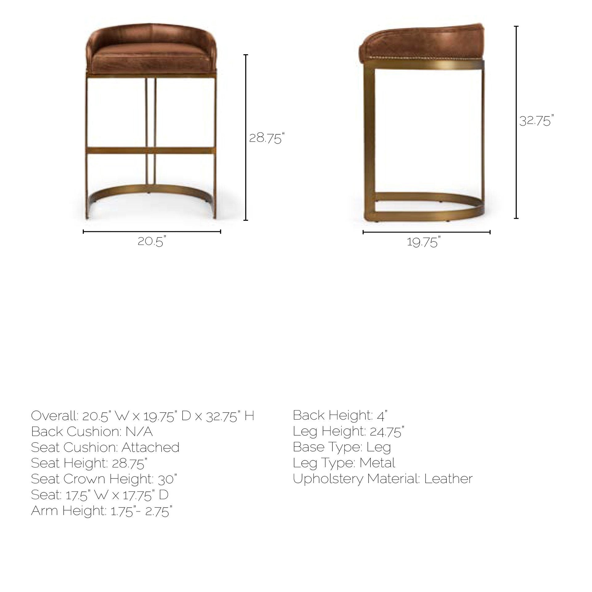 33' Brown Leather Antiqued Gold Low Back Bar Stool By Homeroots | Bar Stools | Modishstore - 8