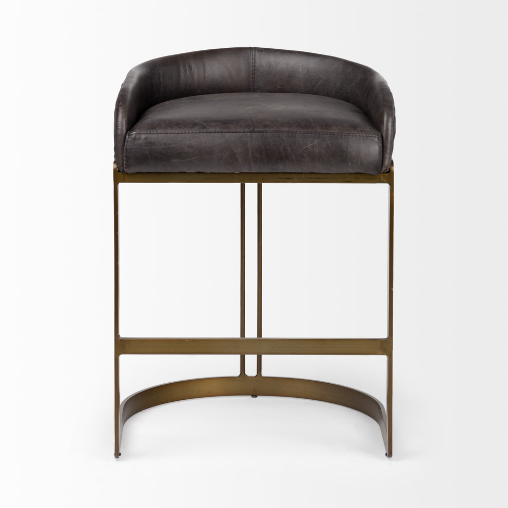 29' Black Leather Antiqued Gold Low Back Counter Stool By Homeroots | Counter Stools | Modishstore - 2