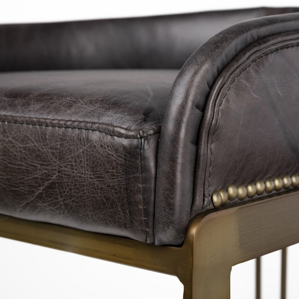 29' Black Leather Antiqued Gold Low Back Counter Stool By Homeroots | Counter Stools | Modishstore - 6