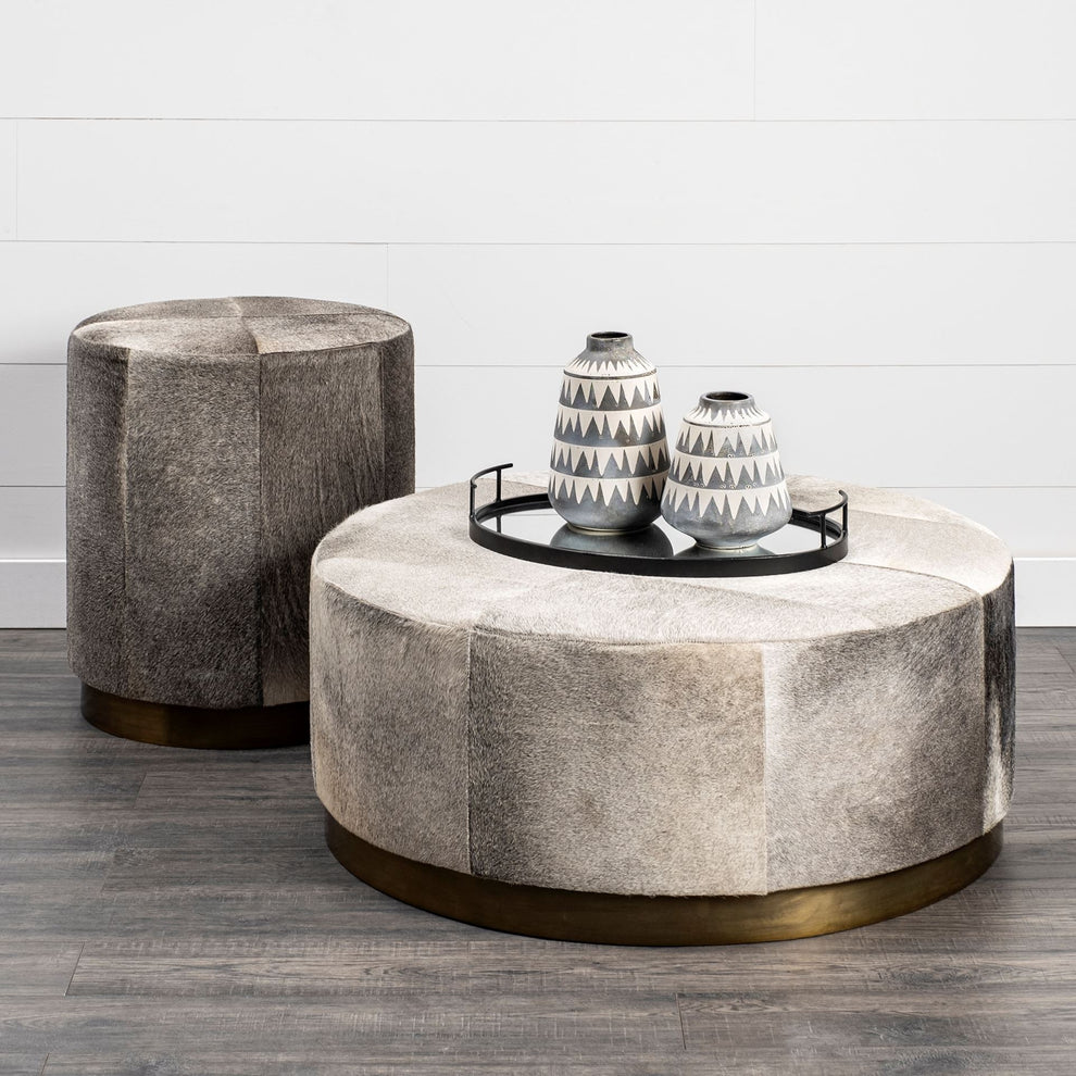 Gray Cowhide Tall Ottoman with Metal Base By Homeroots | Ottomans | Modishstore - 9