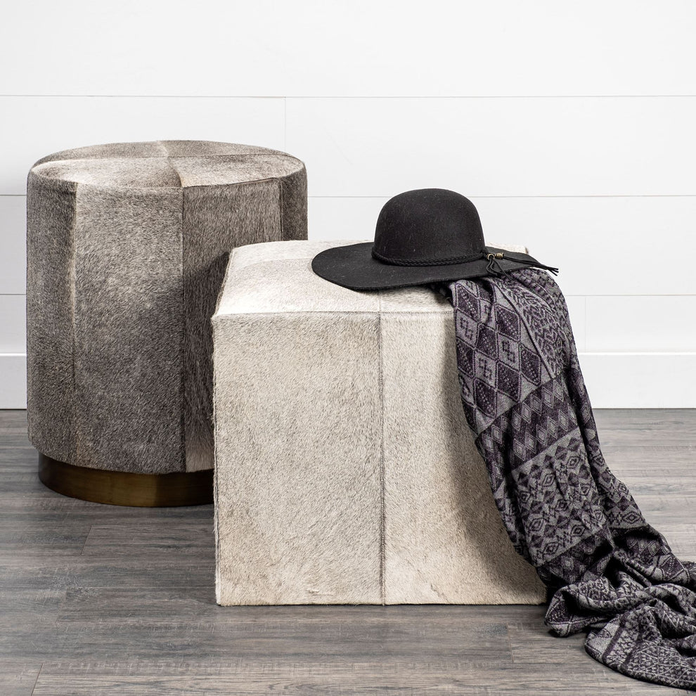 Gray Cowhide Tall Ottoman with Metal Base By Homeroots | Ottomans | Modishstore - 2
