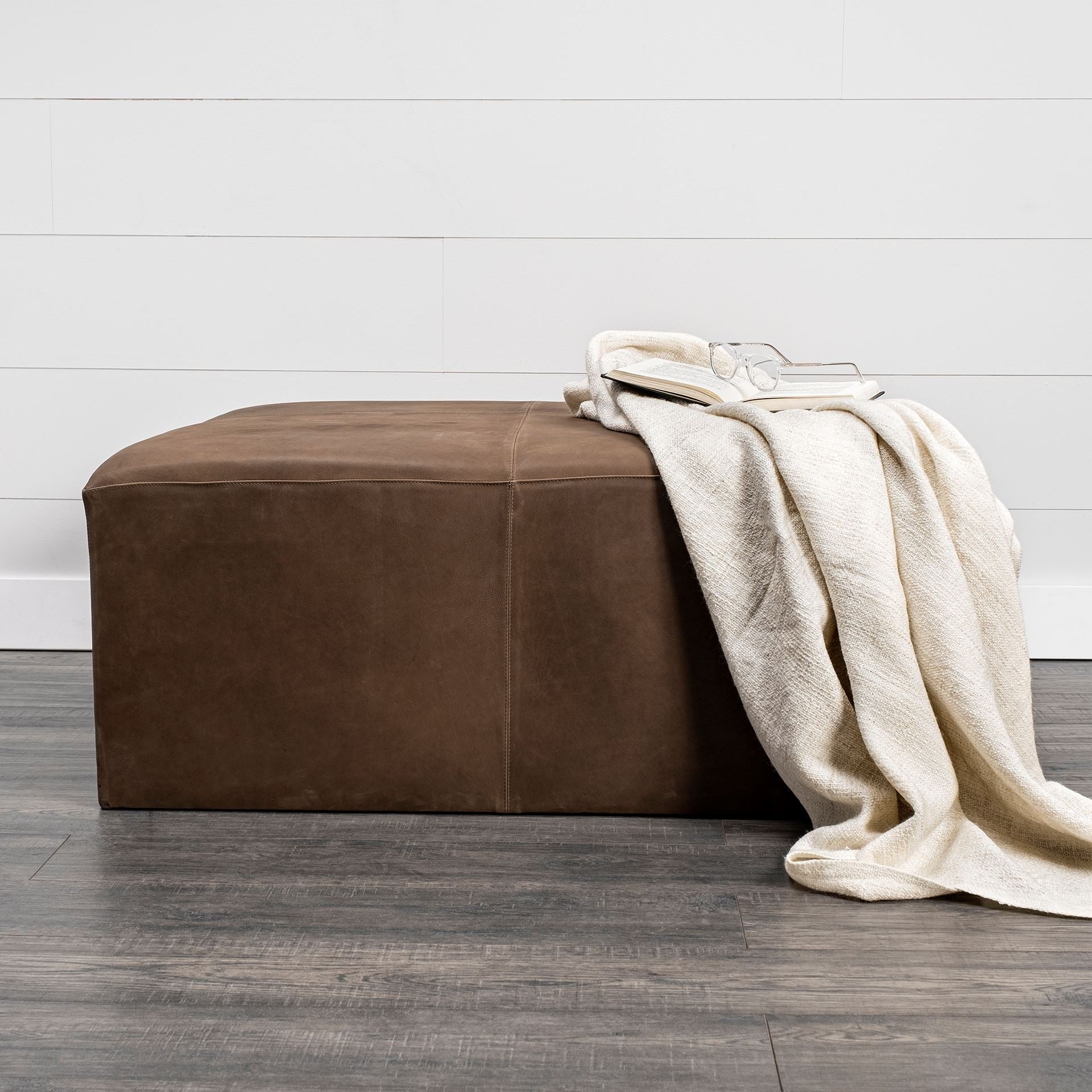 Brown Leather Wrapped Ottoman By Homeroots | Ottomans | Modishstore - 5