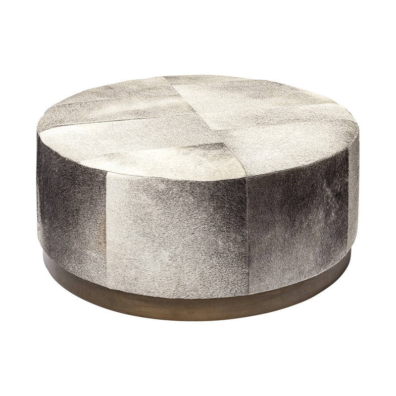 Gray Cowhide Round Ottoman with Metal Base By Homeroots | Ottomans | Modishstore