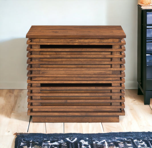 22" Walnut Solid Wood Modern Slat Design End Table with Drawers By Homeroots