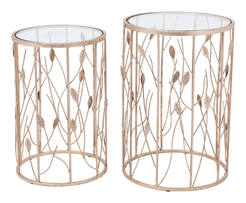 Set of Two Leaf Gold and Glass Side Tables By Homeroots | End Tables | Modishstore - 2