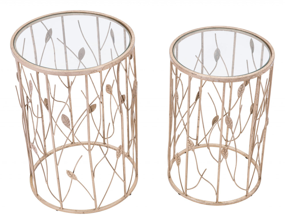 Set of Two Leaf Gold and Glass Side Tables By Homeroots | End Tables | Modishstore - 3