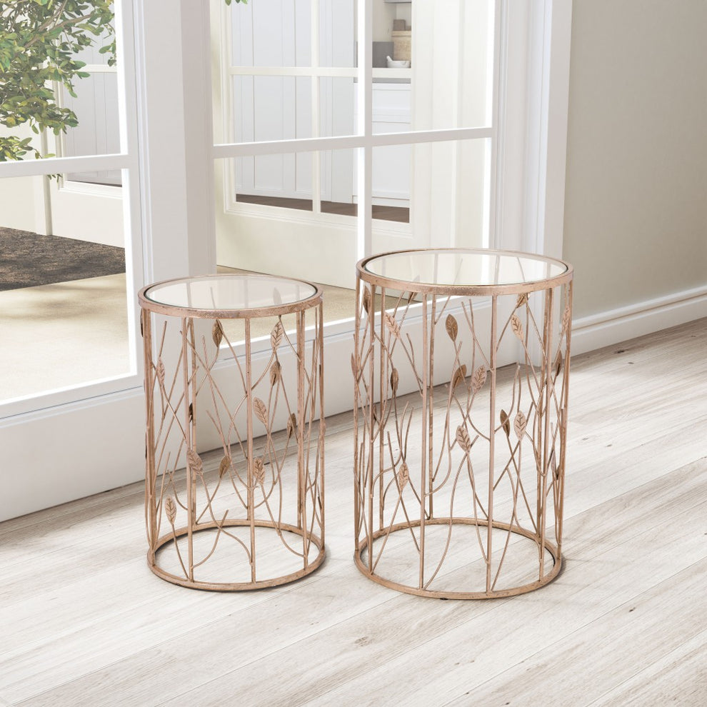 Set of Two Leaf Gold and Glass Side Tables By Homeroots | End Tables | Modishstore - 6