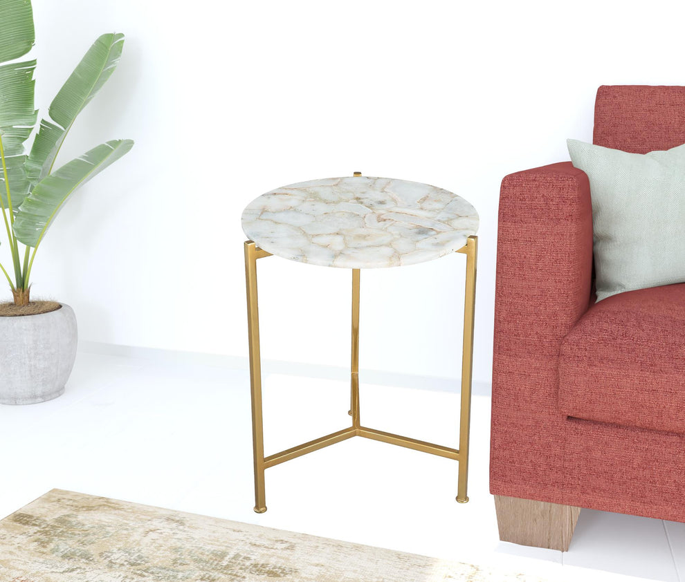 20" Gold And White Genuine Marble Look Round End Table By Homeroots | End Tables | Modishstore - 3