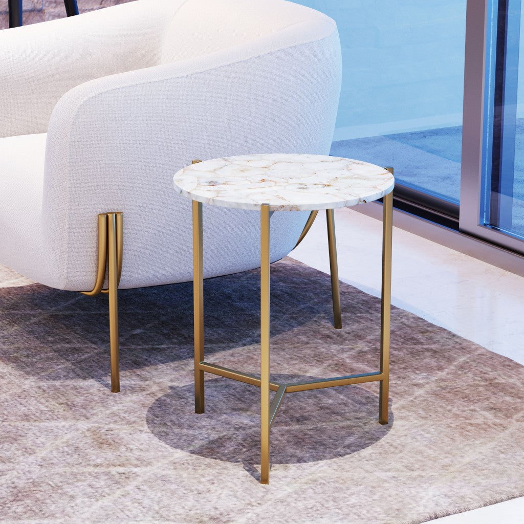 20" Gold And White Genuine Marble Look Round End Table By Homeroots | End Tables | Modishstore