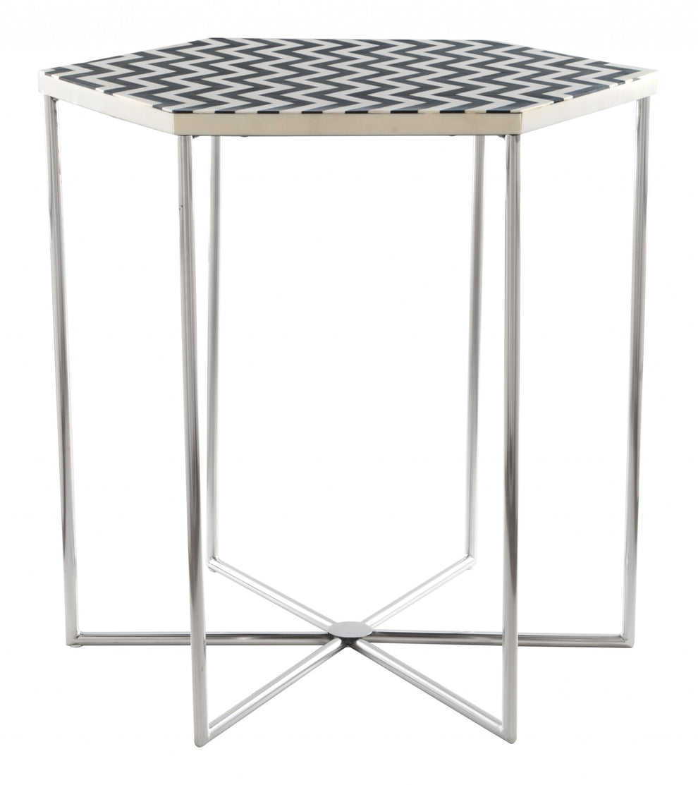21" Silver And Black And White Stone Hexagon End Table By Homeroots | End Tables | Modishstore - 8