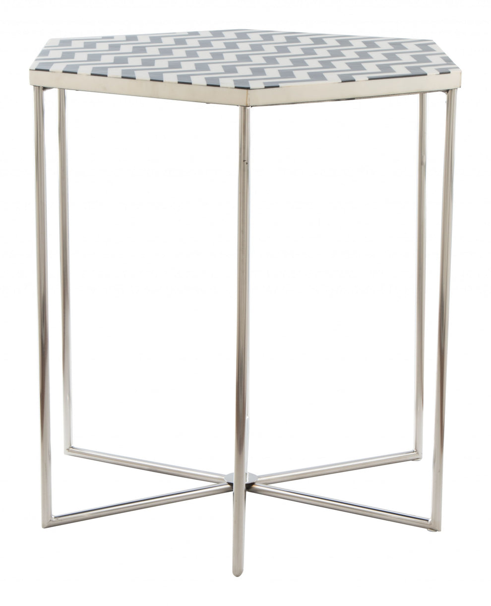 21" Silver And Black And White Stone Hexagon End Table By Homeroots | End Tables | Modishstore - 3