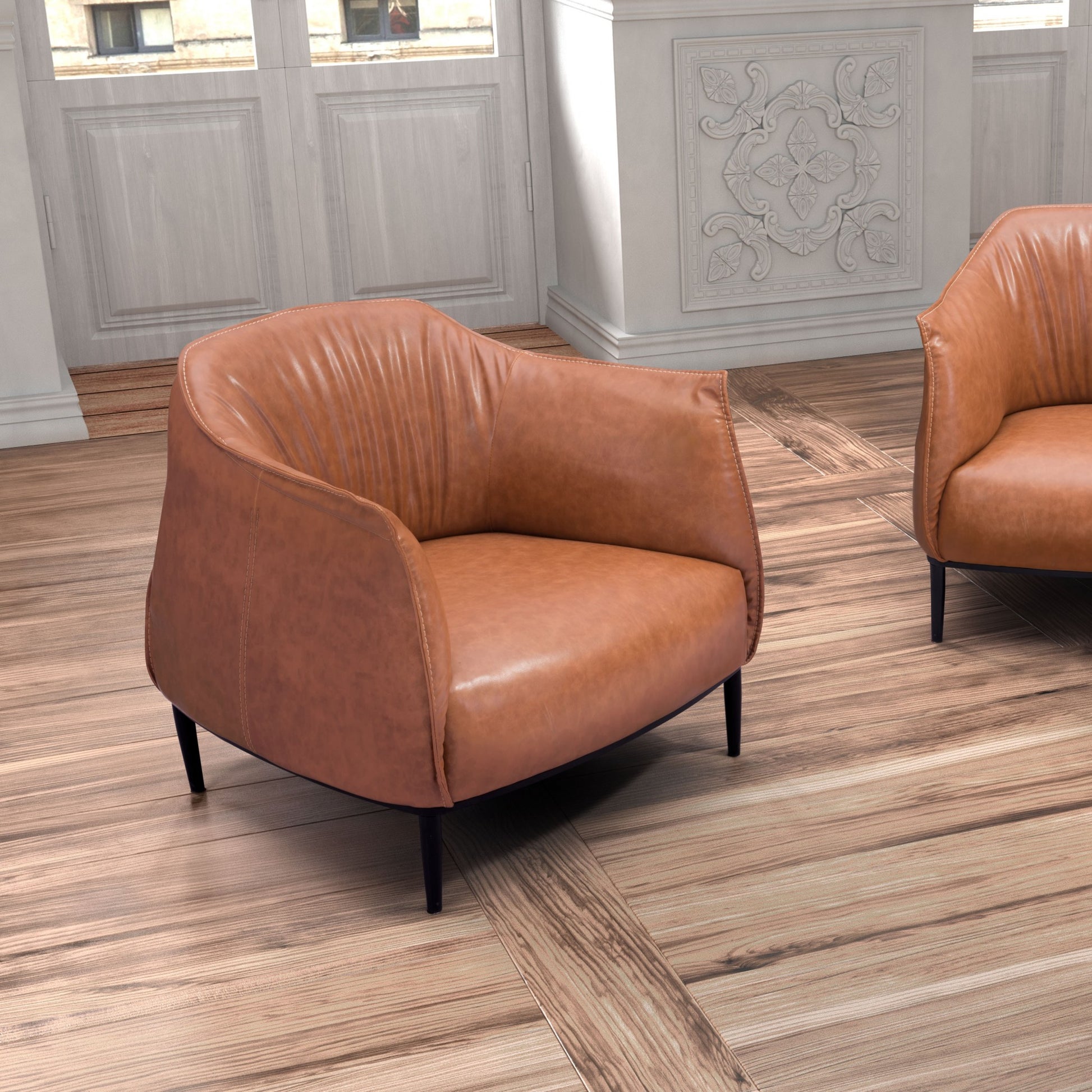 35" Coffee And Brown Faux Leather Barrel Chair By Homeroots | Armchairs | Modishstore