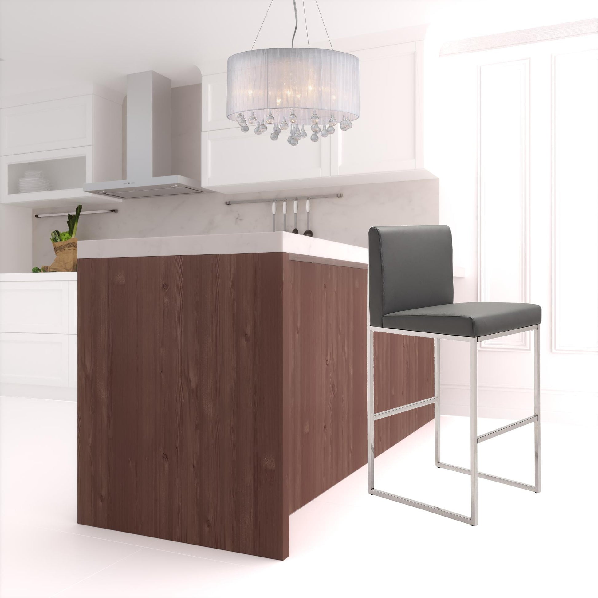 43" Gray Faux Leather And Chrome Low Back Bar Height Chair With Footrest By Homeroots | Bar Stools | Modishstore - 2