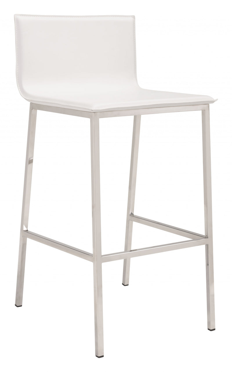 Set Of Two 39" White And Silver Steel Low Back Bar Height Chairs With Footrest By Homeroots | Bar Stools | Modishstore