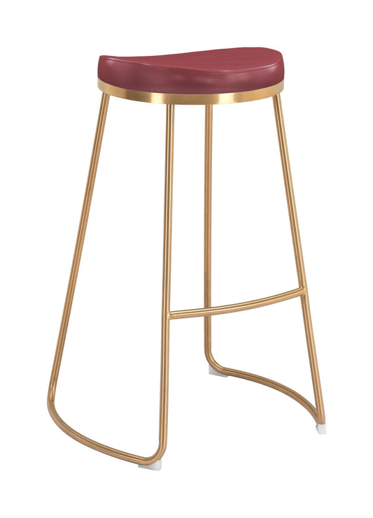 Set Of Two 31" Burgundy And Gold Steel Backless Bar Height Chairs With Footrest By Homeroots | Bar Stools | Modishstore