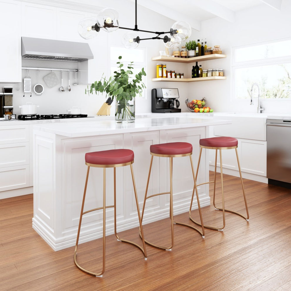 Set Of Two 31" Burgundy And Gold Steel Backless Bar Height Chairs With Footrest By Homeroots | Bar Stools | Modishstore - 8