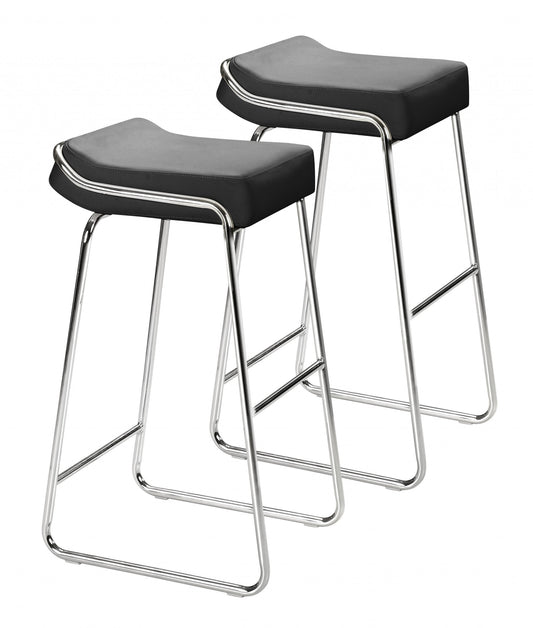 Set Of Two 33" Black Faux Leather And Chrome Backless Bar Height Chairs By Homeroots