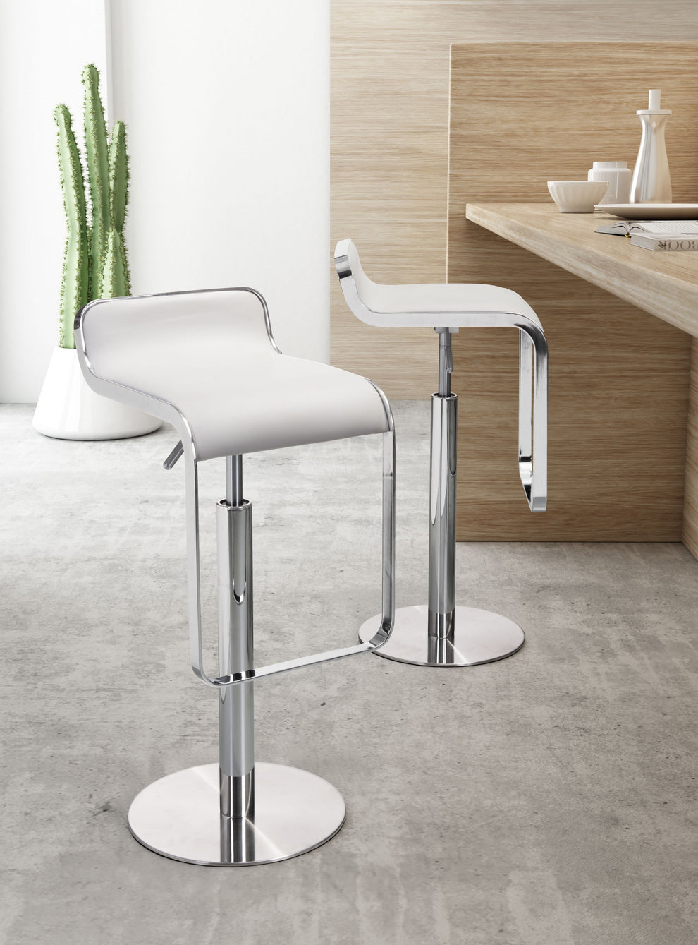 Modern White Faux Leather and Chrome Adjustable Pedestal Barstool By Homeroots | Bar Stools | Modishstore - 7
