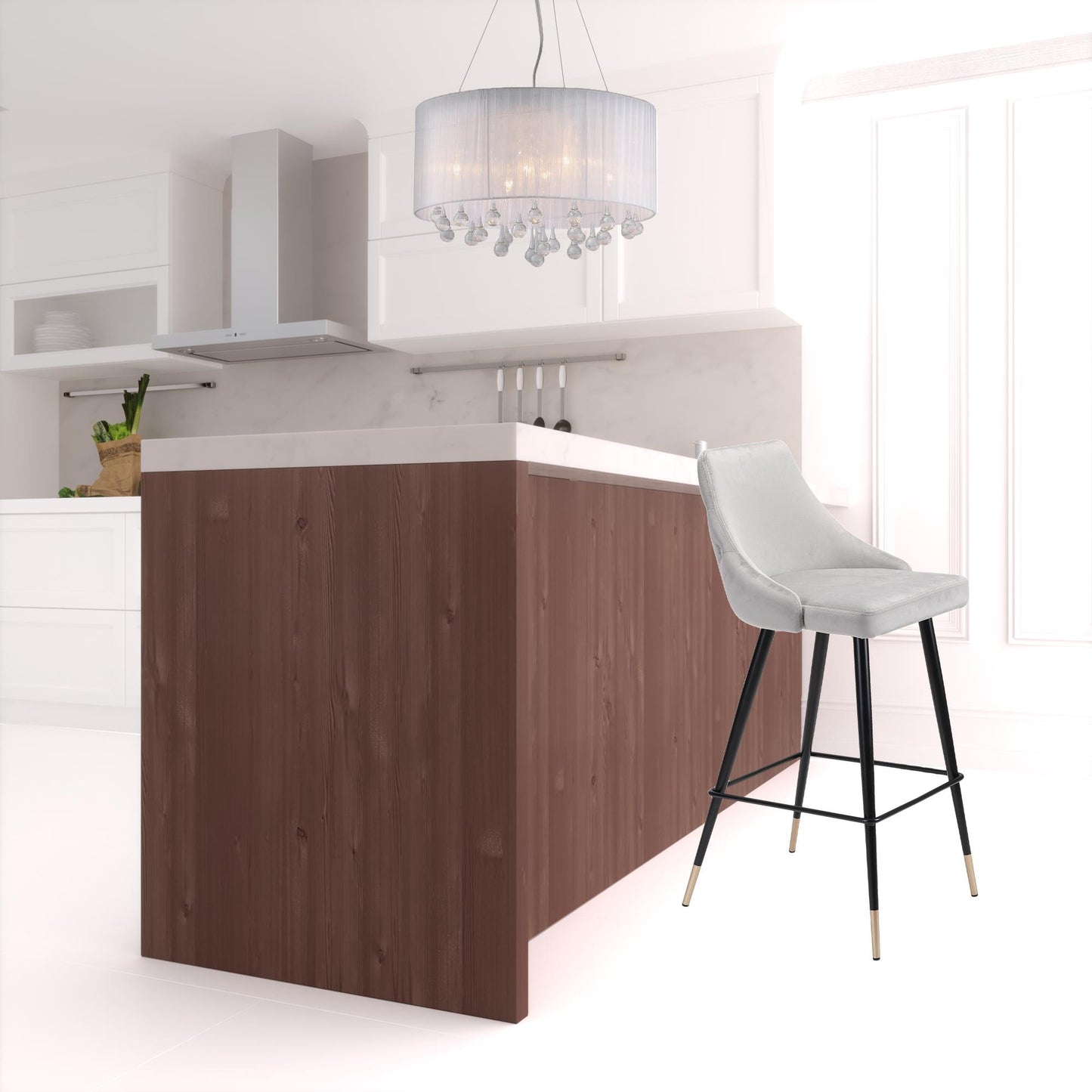 41" Gray Tufted Velvet And Black Bar Height Chair With Footrest By Homeroots | Bar Stools | Modishstore - 2