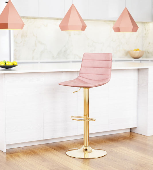 35" Pink And Gold Steel Swivel Low Back Counter Height Bar Chair With Footrest By Homeroots | Bar Stools | Modishstore