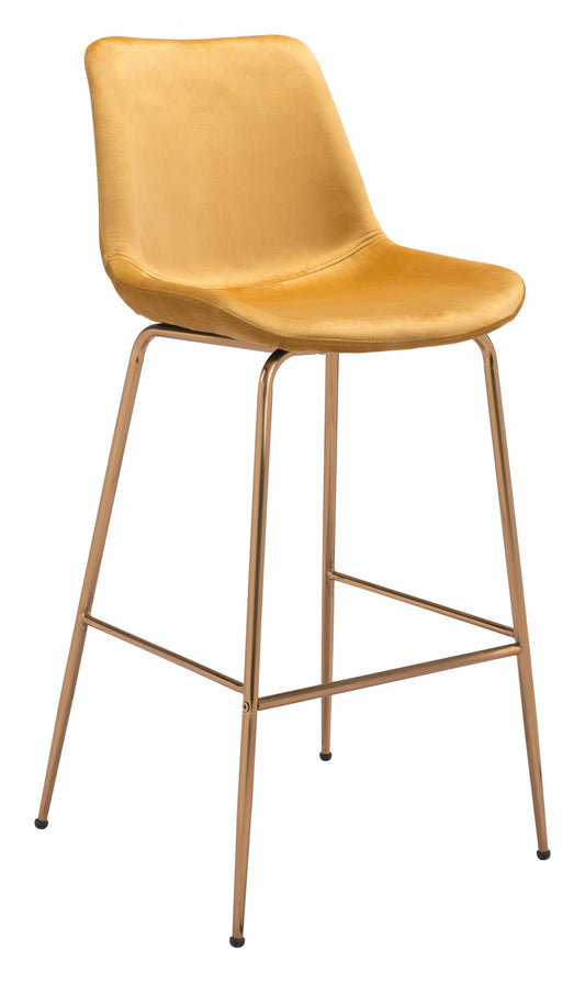 43" Yellow Velvet And Gold Steel Low Back Bar Height Chair With Footrest By Homeroots