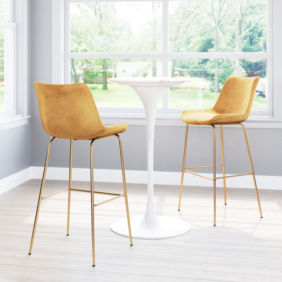 43" Yellow Velvet And Gold Steel Low Back Bar Height Chair With Footrest By Homeroots | Bar Stools | Modishstore - 7