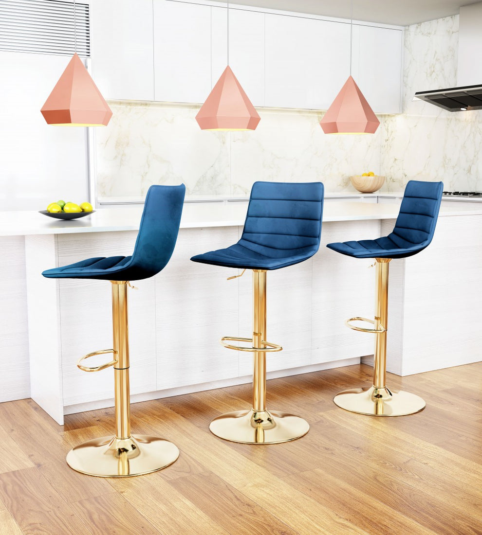 35" Dark Blue And Gold Steel Low Back Counter Height Bar Chair With Footrest By Homeroots | Bar Stools | Modishstore - 8