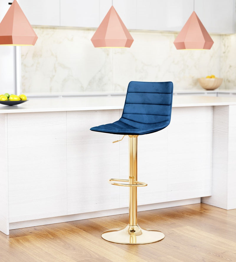 35" Dark Blue And Gold Steel Low Back Counter Height Bar Chair With Footrest By Homeroots | Bar Stools | Modishstore